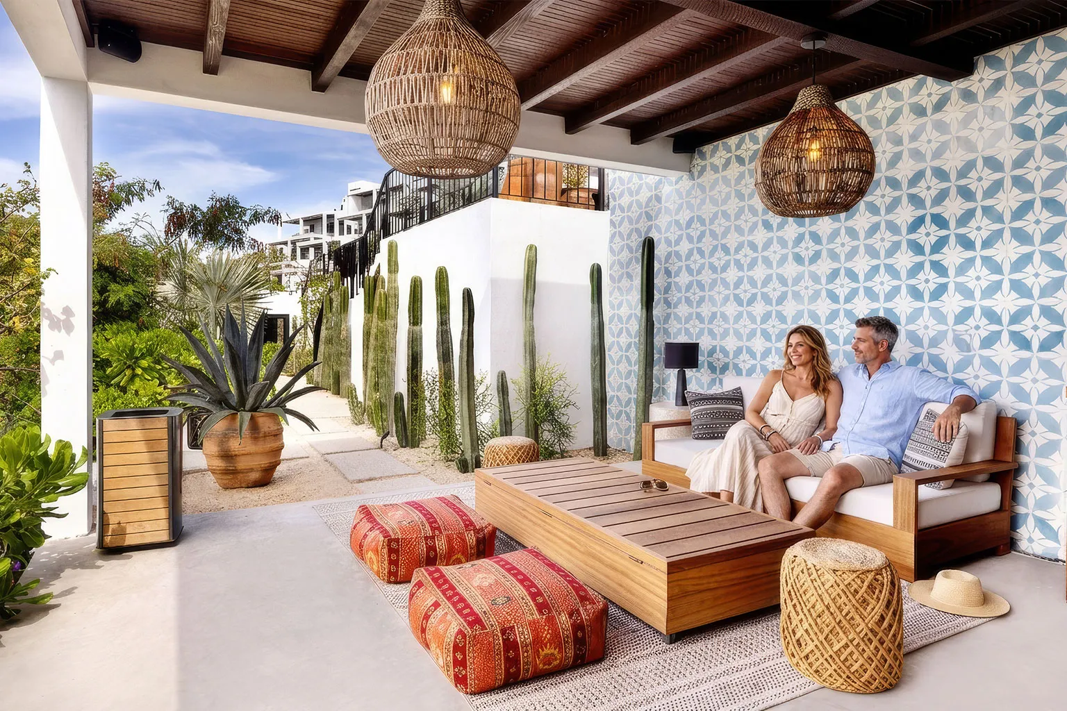 Couples-Getaway-Cerritos-Beach-Done-Right - Couple relaxing on a private terrace at The Cove at Cerritos, Cerritos Beach, Baja California Sur