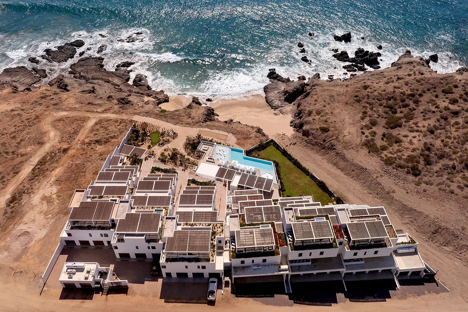 Private-Beachfront-Rentals-Mexico-Guide - Aerial view of The Cove at Cerritos beachfront community, Baja California Sur, Mexico
