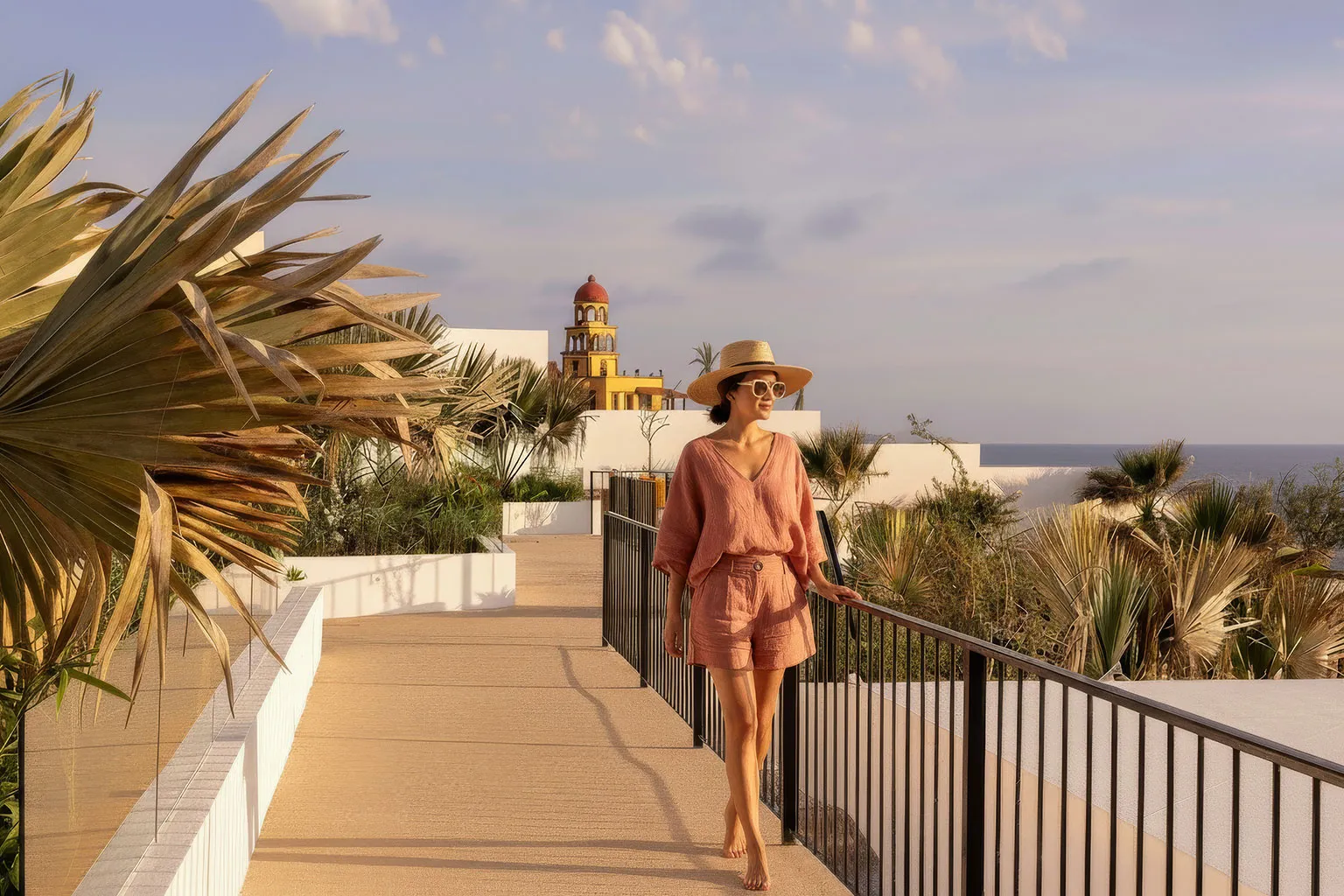 Best-Boutique-Hotels-in-Los-Cabos-vs-a-Private-Alternative - Woman in linen resortwear walking a boutique terrace at golden hour, ocean and a colonial bell tower in the distance